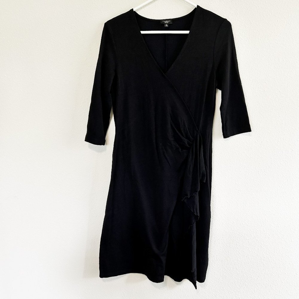 Talbots Dress‎ Womens Petite 4 4P Black V Neck 3/4 Sleeve Wool Stretch Faux Wrap